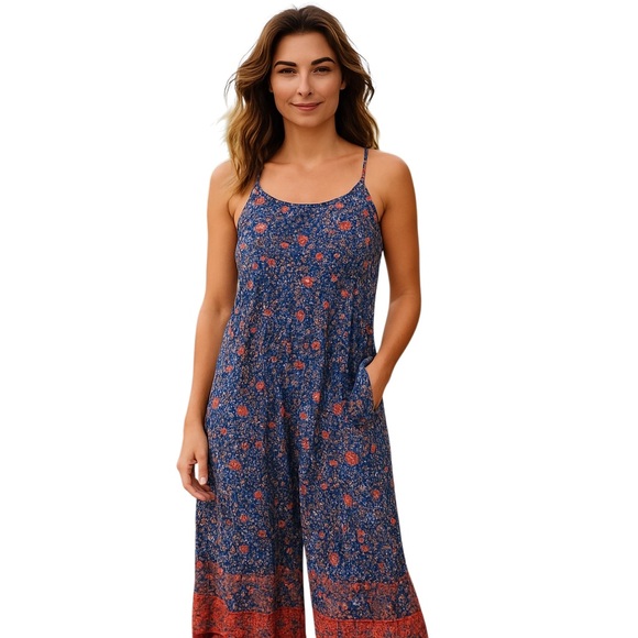 SO Pants - SO Vibrant Orange and Blue Jumpsuit with Floral Print
